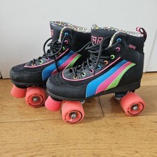 SFR Rio Roller Quad Skates Uk 5 Black & Multi Colour 4 Wheel Pink Leather Retro