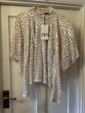 New Zara White Sequin Blouse Top With Amazing Puff Long Sleeves, Medium