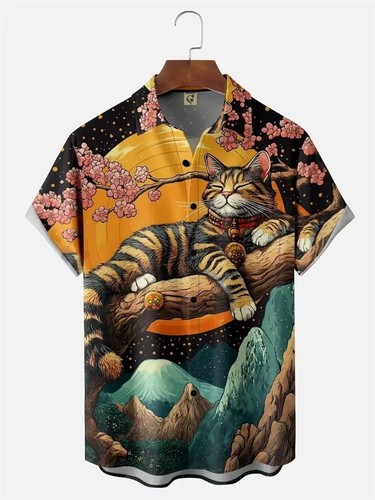 Mens button down japanese cat - mens,