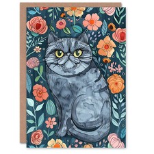 Greeting Card Grumpy Blue Exotic Shorthair Cat Floral Portrait Birthday