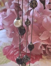 LAURA ASHLEY Long Grey Toned double Chain glass  Bead & faux pearl necklace  