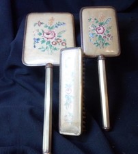 Three piece dressing table vanity set, brass Mirror, Hairbrush and Clothes Brush