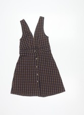 Topshop Women Brown Check Pinafore Mini Dress Size 6 Sleeveless