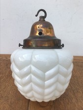 ART DECO MILK GLASS SCHOOL LIGHT WITH COPPER GALLERY, PENDANT CEILING LIGHT