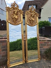 Large Pair Of Antiqued Gold French Regency Tall Wall Mirrors Rocco Ornate