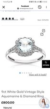 Ernest Jones 9ct White Gold Aquamarine Diamond Ring Size K Warranty box Gift Bag