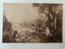 Antique 1901 Watteau Print | L’Embarquement Cythere | Rococo Art | Louvre Plate