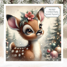 Personalised Winter Bambi Baby Deer Christmas Greetings Card (Envelope included)