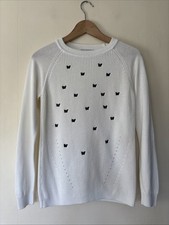 Red Herring White W Navy Butterfly Pattern Cotton Blend Jumper Size UK 10