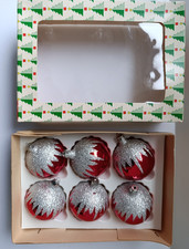 Vintage Glass Frosted Christmas Red Bauble Decorations x 6 WHS