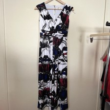 Linea White , Black , Blue & Red Abstract Floral Print Long Dress - UK 8