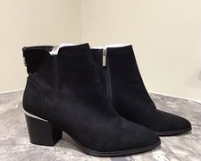 New Faith Black Faux Suede Size 6 Ankle Boots 2 Ins Block Heels +silver Trim