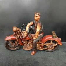 Man On Vintage Motorbike Wooden Model Figure Decorative Handcrafted Display -CP