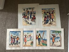 6x Watercolour BRIGHT Colourful HAITIAN Native Haiti Pictures Boats Market Music