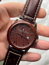 Men's Classic Original Grain. Real Rosewood Dial Date Steel Wristwatch. Running