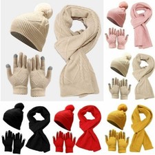 Womens Ladies Thick Knit Hat Scarf AND Gloves Set Knitted Winter NEW UK