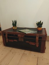 Rare Antique Victorian English Black Trunk with Original Runners & Tray Liner 