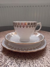 Lovely Royal Vale Bone China Cups Saucer  Side Plate Trio's Vgc Old Black Stamp