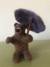 Needle Felted Brown Bear with Umbrella Sculpture - Handmade OOAK - 14cm tall