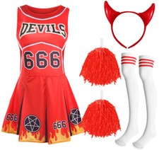 LADIES DEVIL CHEERLEADER HALLOWEEN ADULT COSTUME & ACCESSORIES FANCY DRESS