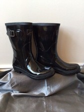 JOULES BLACK GLOSS SIDE BUCKLE BACK PRINT WELLIES WELLINGTON BOOTS SIZE 6 EXCON