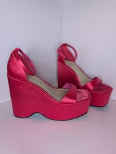 Hot pink satin platform wedges
