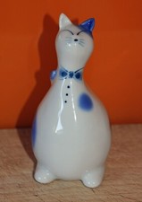 Russian Gzhel Blue & White Hollow Grinning Fat Cat 11.5 cms high