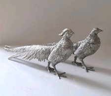 Pair Silvertone Pheasants Figurines Vintage Male & Female 12"
