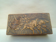 Small antique wooden box with HORSES & CARRIAGE relief  PRISONER OF WAR interest