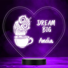 Dream Big Cute Owl In Teacup Heart LED Personalised Gift Night Light