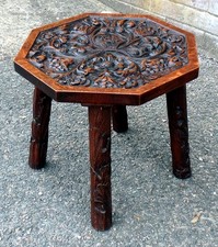 Arts & Crafts antique table side coffee occasional stool leafy carving signed