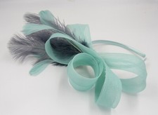 Aqua and light grey feather fascinator headband  weddings, party  races .b19
