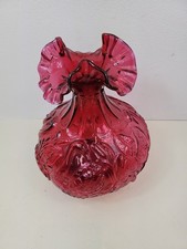 Vintage Fenton Cranberry Red Carnival Glass Swans Cattails Vase