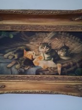 Original OIL Painting Henriette Ronner-Knip Four Kittens In A Basket