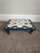 Vintage Petite Blue Needle Point Work Floral Tapestry Footstool Wooden Feet Gift