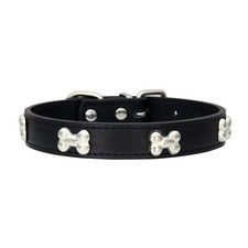 Durable Leather Dog Collar with Bone Charm Pet Puppy Cat Collar for Small Large
