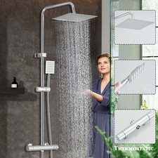 Bathroom Mixer Shower Thermostatic Dual Head Square Rainfall Head Handset Chrome