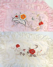 Pair Vintage Embroidered Satin Pillowcases Frilled Ruffle Border Rose Butterfly