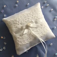 9cms POCKET Size WHITE SATIN/LACE PEARL BRIDAL WEDDING RING CUSHION PILLOW