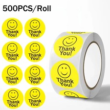 100 Thank You Smiley Face Yellow  Stickers - FREEPOST.