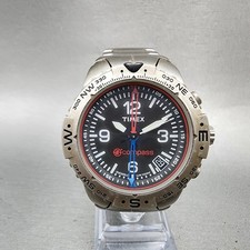 Timex E-Compass Watch Men 42mm Black Dial Silver Tone Round New Battery