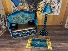 Egyptian themed sofa, lamp and