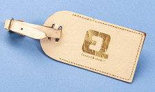 Cream Leather Luggage Tag QE2 Liner Branded Gold Logo Collectable 9 x 4.5cm