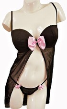 OPEN FRONT RIBBON TRIM BLACK BABYDOLL & THONG, ONE SIZE UK 8-14, LL019