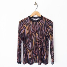 Kim & Co Mesh Long Sleeve High Neck Top Size M NEW Lace Trim Black Multi