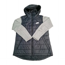 Nike Mens Medium Hooded Hybrid Jacket Black Grey Full Zip Puffer Sleeve Casual 