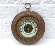 ANTIQUE CARVED OAK CIRCULAR ANEROID WALL BAROMETER