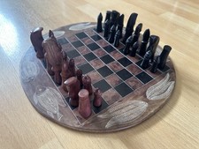 Soapstone African hand carved Chess board set with abstract Chess pieces - 30cm
