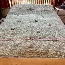 ♲Fab *LAURA ASHLEY* Silk Embroidered Floral Appliqué Patchwork Bedspread Quilt♲