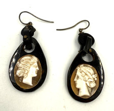 Antique Victorian Whitby Jet & Cameo Carved TearDrop Earrings Pierced Ears